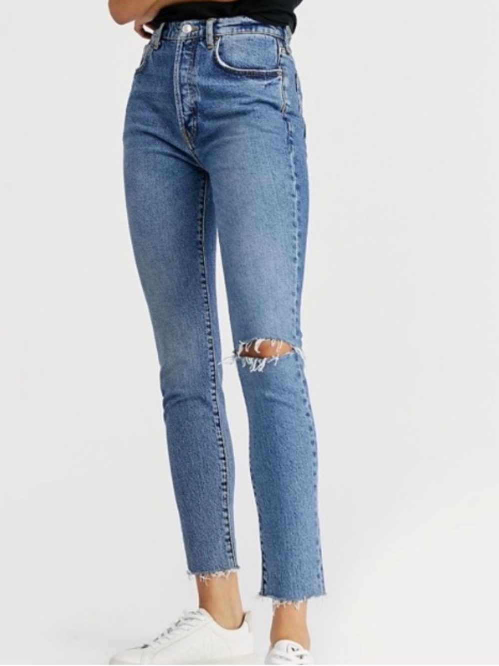 Free People We The Free Stella Jeans Womens 31 Blue Distressed Denim Button Fly